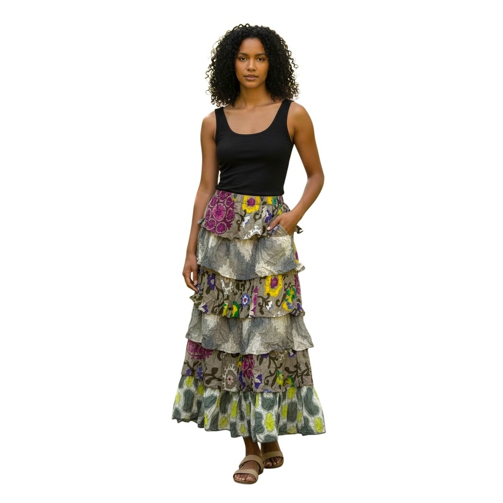 Chic Connection Womens Tiered Maxi Skirt L Floral Boho Ruffle Pockets Handmade